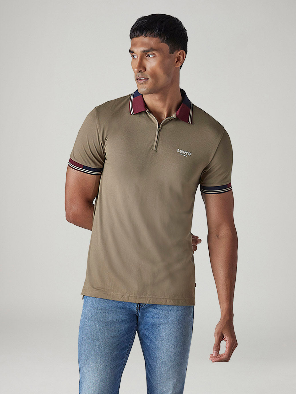 Men's Colorblock Taupe Tech Pique Polo T-Shirt