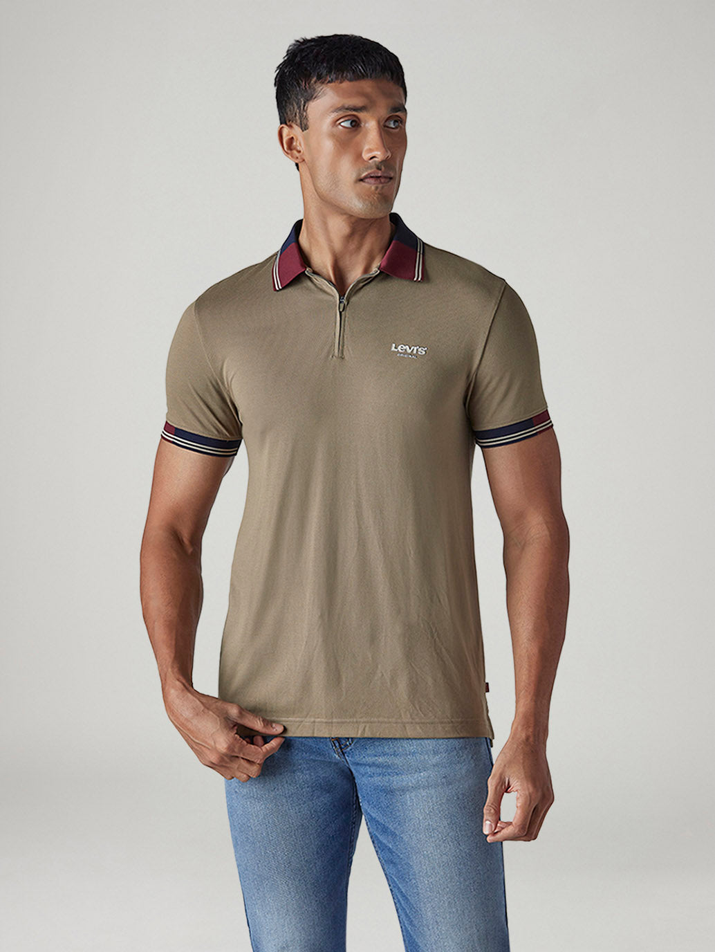 Men's Colorblock Taupe Tech Pique Polo T-Shirt - 20 View