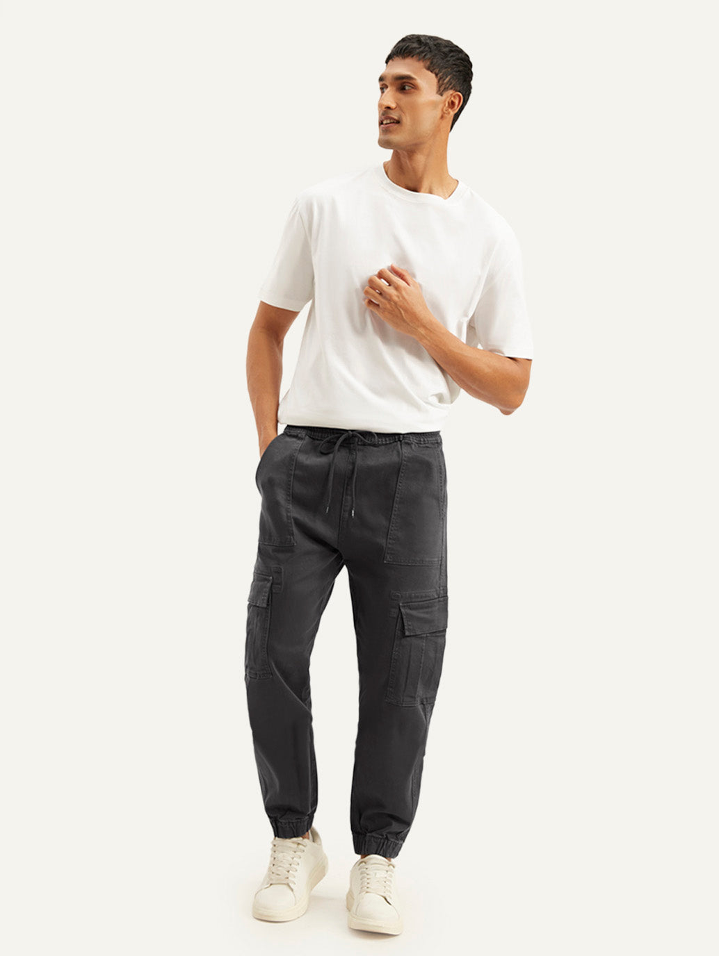 Men's Charcoal Grey Regular Fit Cargo Joggers - Front View