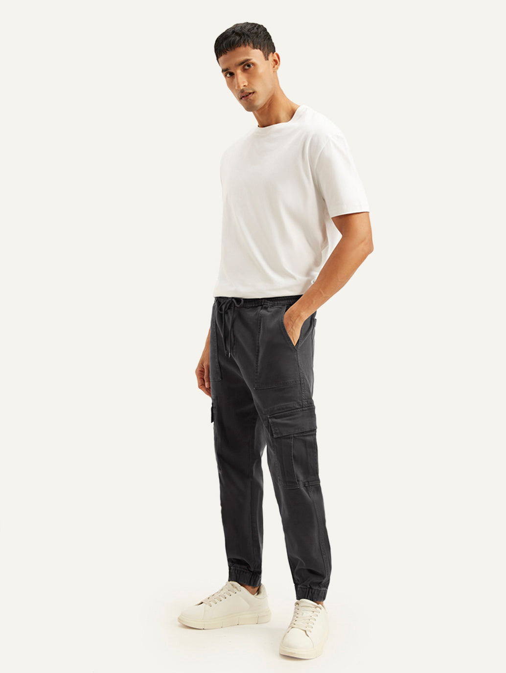 Men's Charcoal Grey Regular Fit Cargo Joggers - Side View