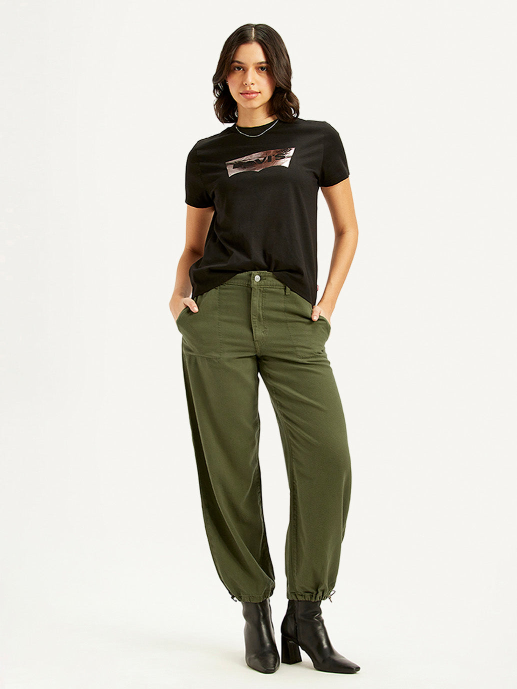 Women's Green Baggy Dad Fit Mid Rise Jeans - Styleshot View