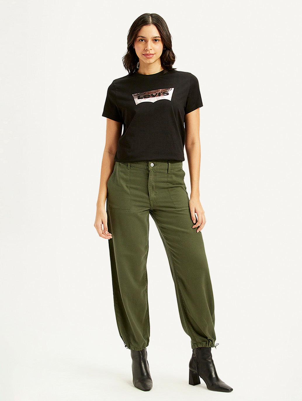 Women's Green Baggy Dad Fit Mid Rise Jeans - Front View