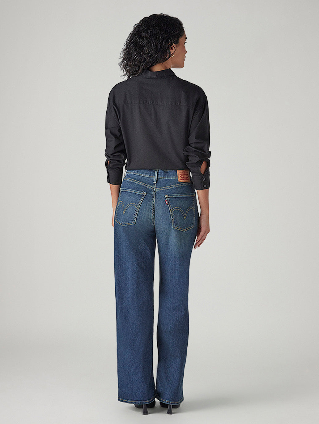Women's Dark Blue Wide Leg Fit High Rise Jeans - Back View