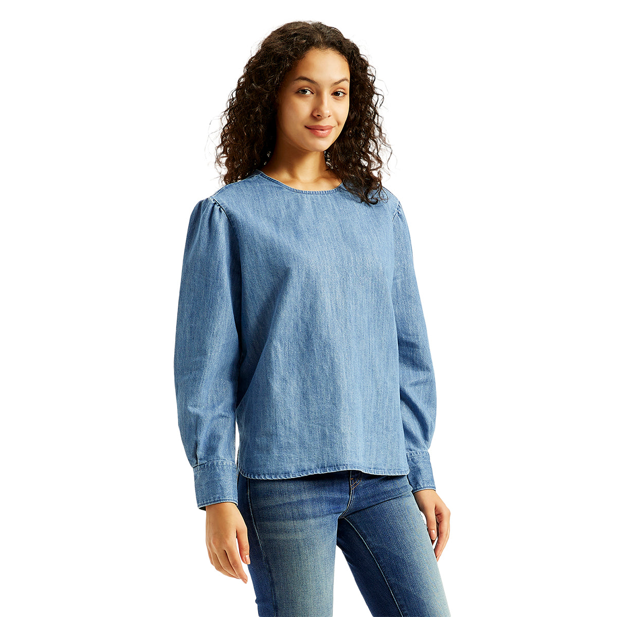 Women's Solid Blue Round Neck Denim Top