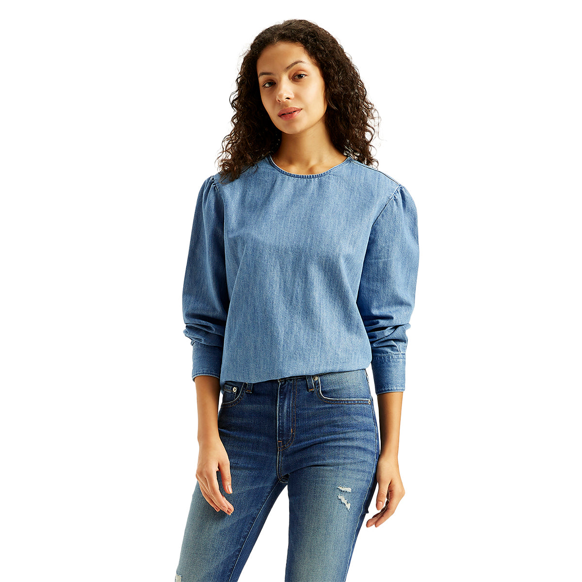 トップス Levis PULL OVER V-NECK S/S DENIM SHIRTS Women's Solid Blue Round Neck Denim Top – Levis India Store