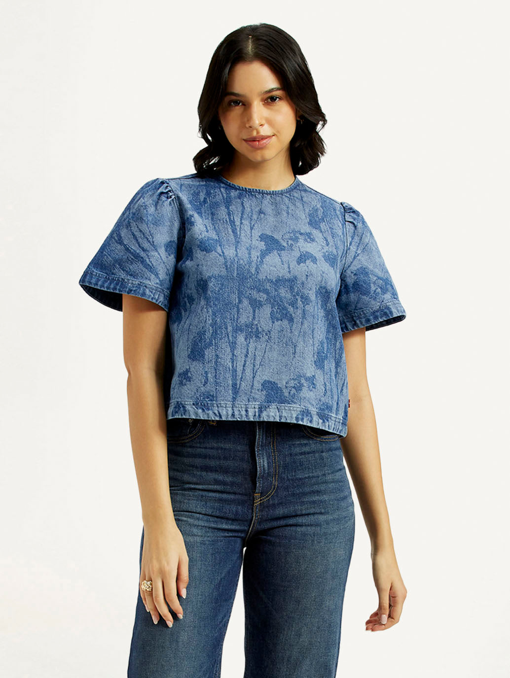 Women's Printed Round Neck Denim Top - Styleshot View