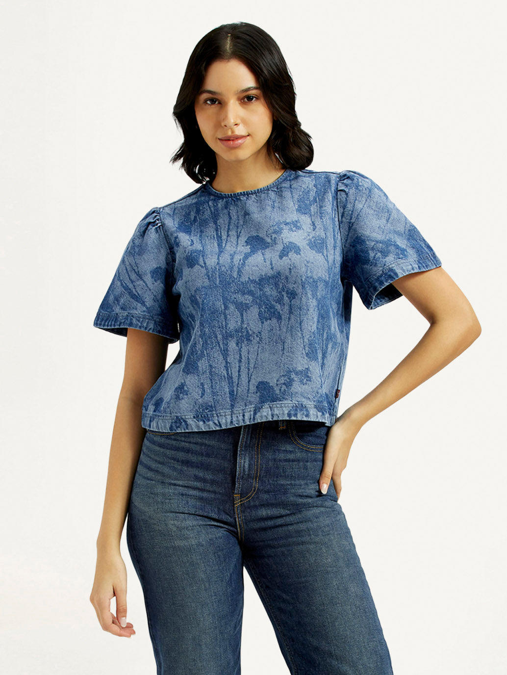 Women's Printed Round Neck Denim Top - Front View