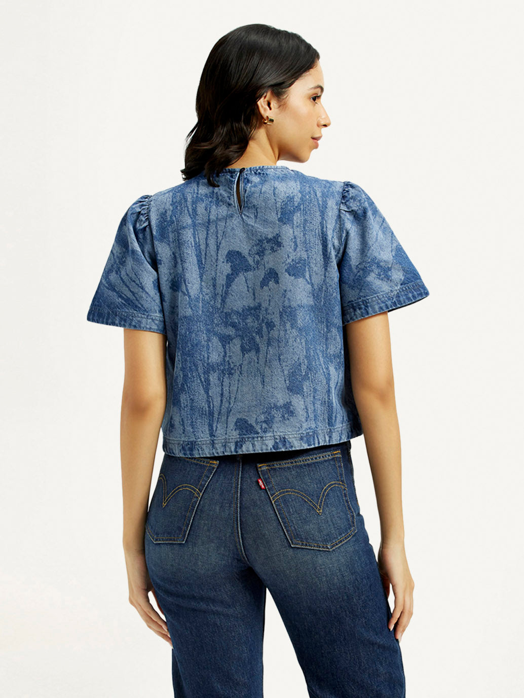 Women's Printed Round Neck Denim Top - Back View