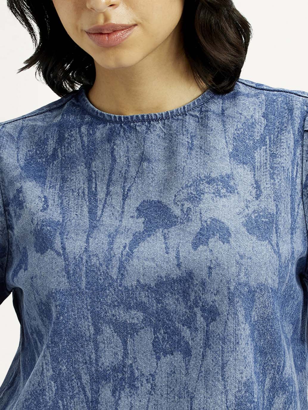 Women's Printed Round Neck Denim Top - Detail View