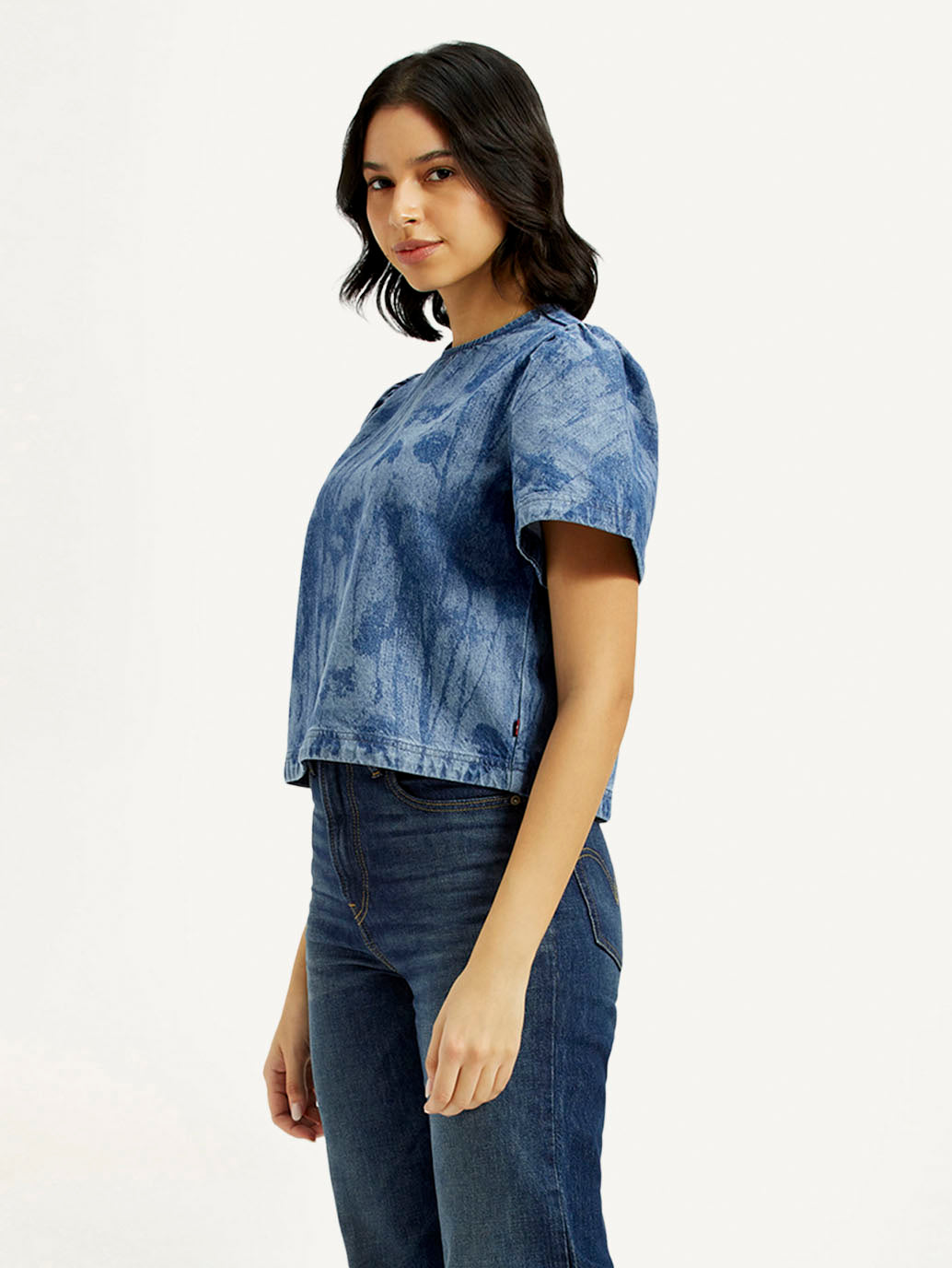 Women's Printed Round Neck Denim Top - Side View