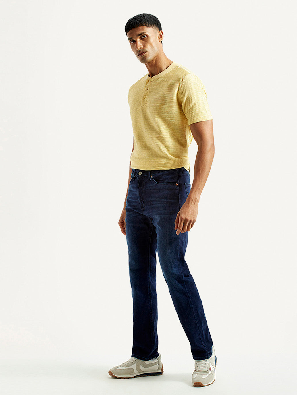 Men's 505 Dark Blue Straight Fit Mid Rise Jeans - Side View