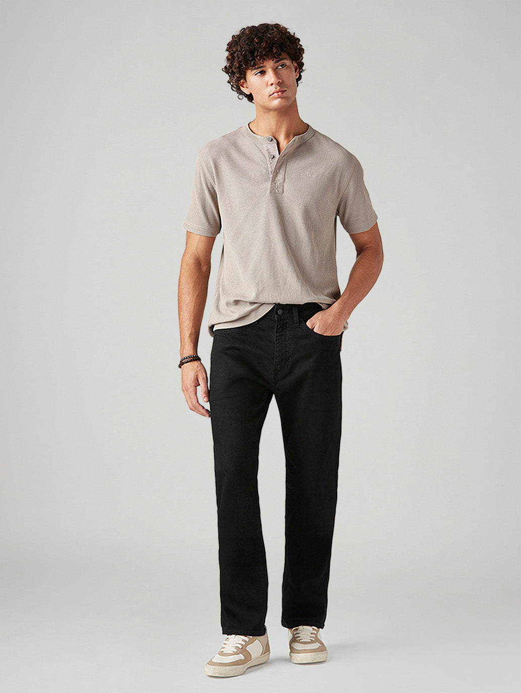 Men's 505 Black Straight Fit Mid Rise Selvedge Jeans - Styleshot View