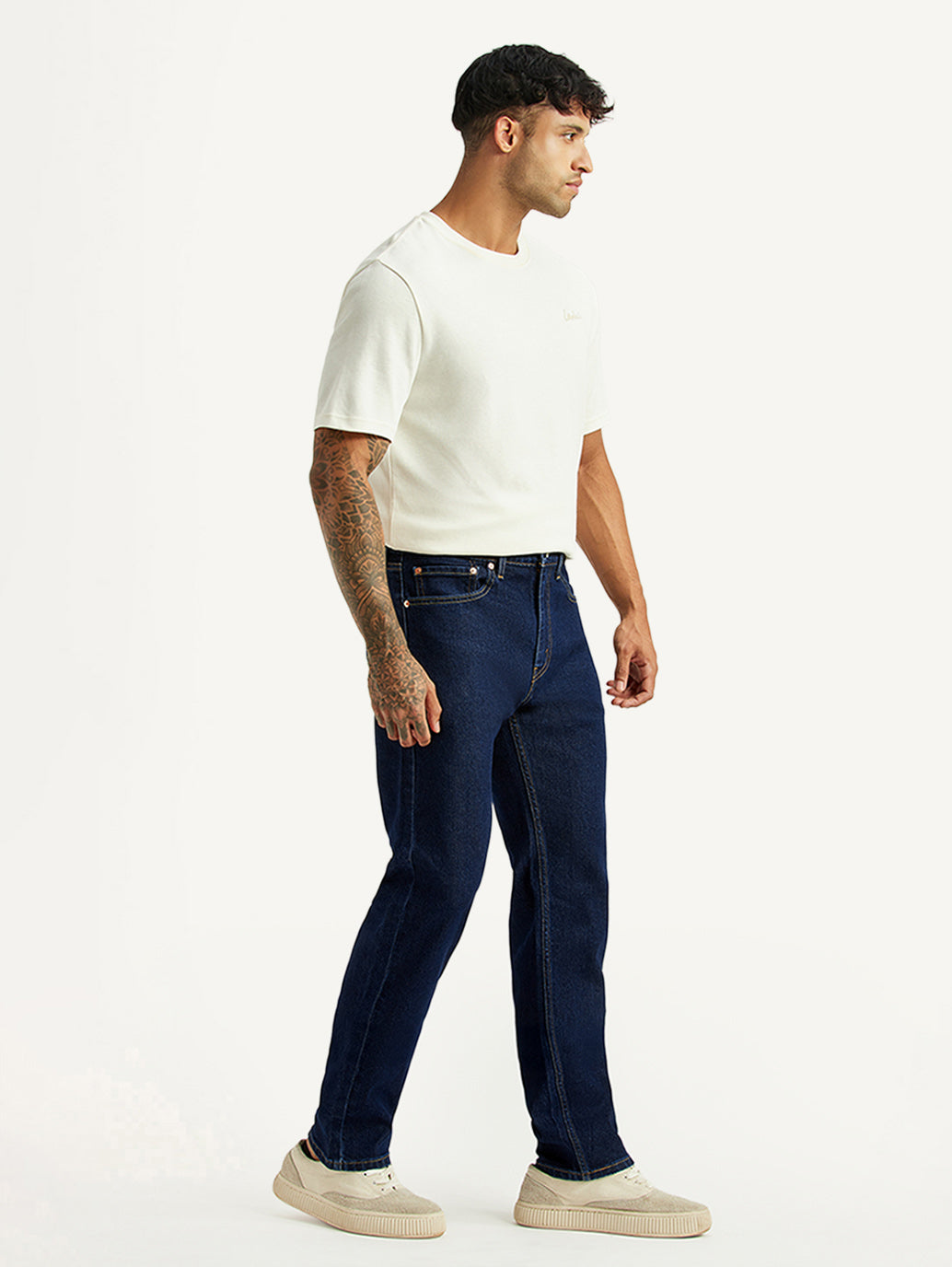 Men's 505 Dark Blue Straight Fit Mid Rise Jeans - Side View