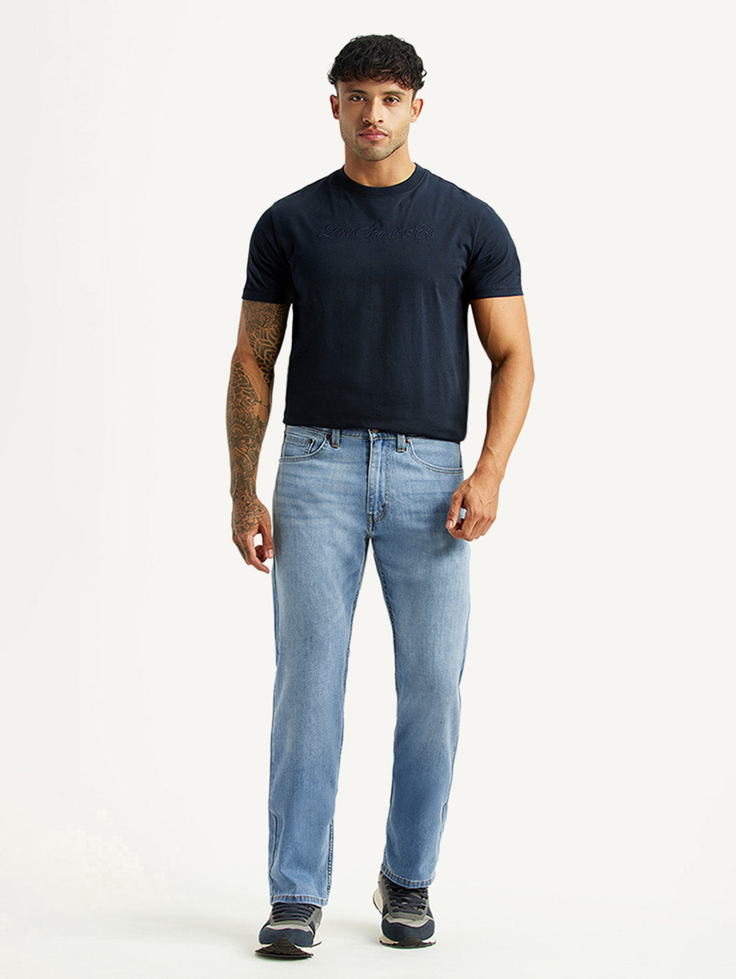 Men's 505 Light Blue Straight Fit Mid Rise Linen Jeans - Front View