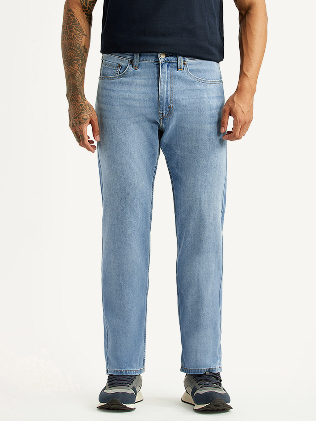 Men's 505 Light Blue Straight Fit Mid Rise Linen Jeans - Front View