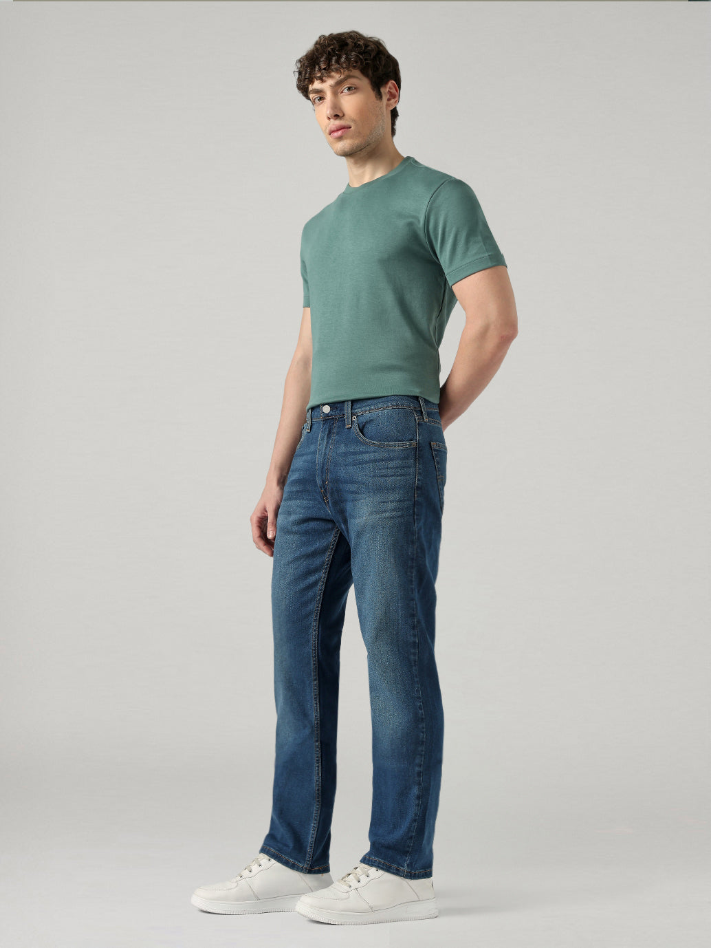 Men's 505 Blue Straight Fit Mid Rise Jeans - Side View