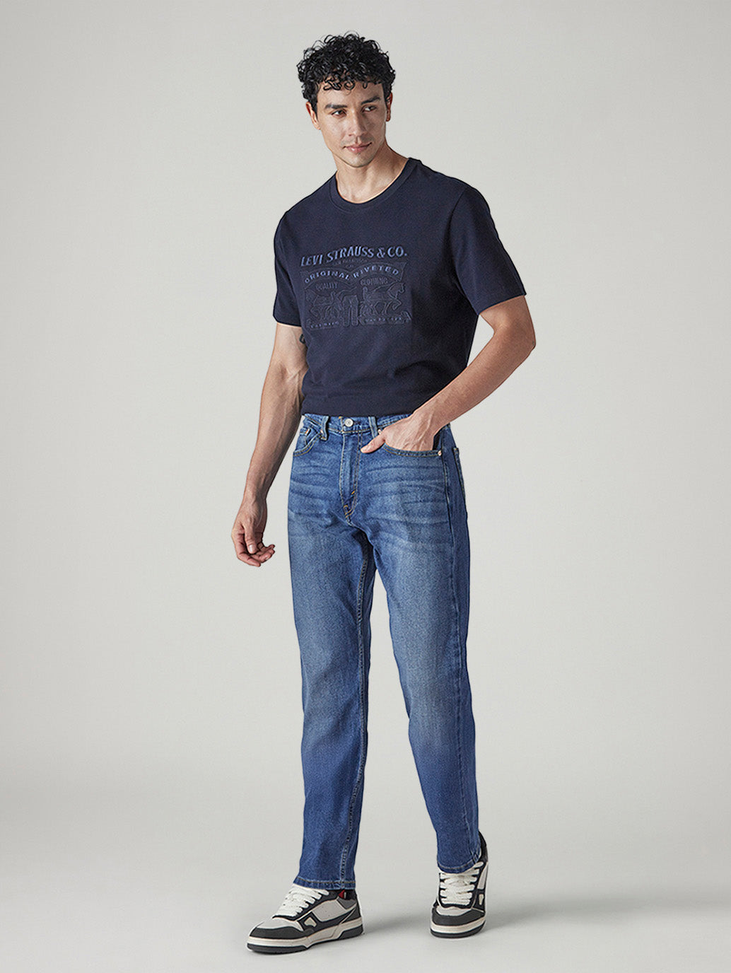 Men's 505 Blue Straight Fit Mid Rise Jeans - Side View