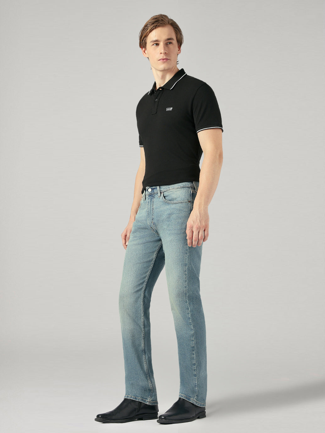 Men's 505 Blue Straight Fit Mid Rise Performance Jeans - Side View