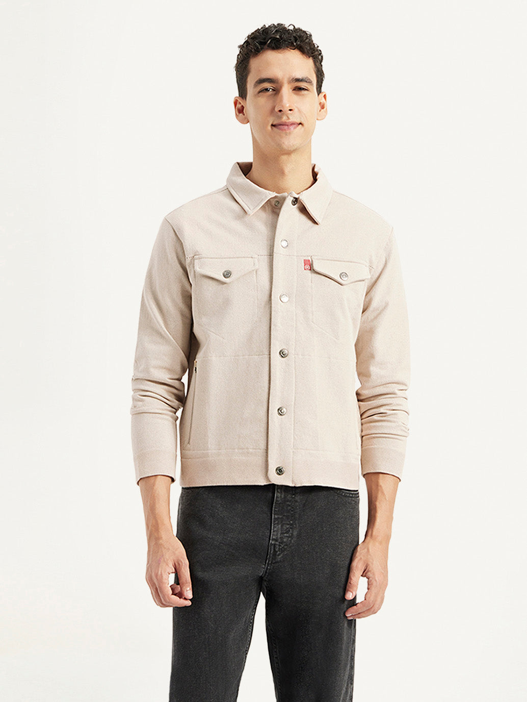 Men's Solid Beige Spread Collar Jacket - Front View