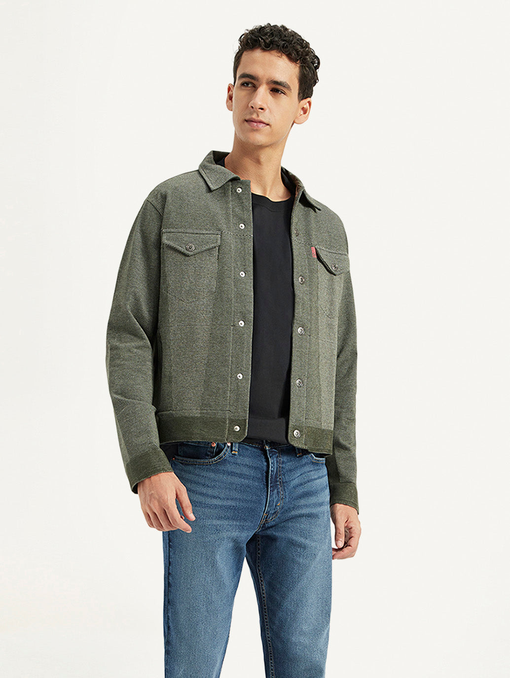Men's Solid Olive Spread Collar Jacket - Styleshot View