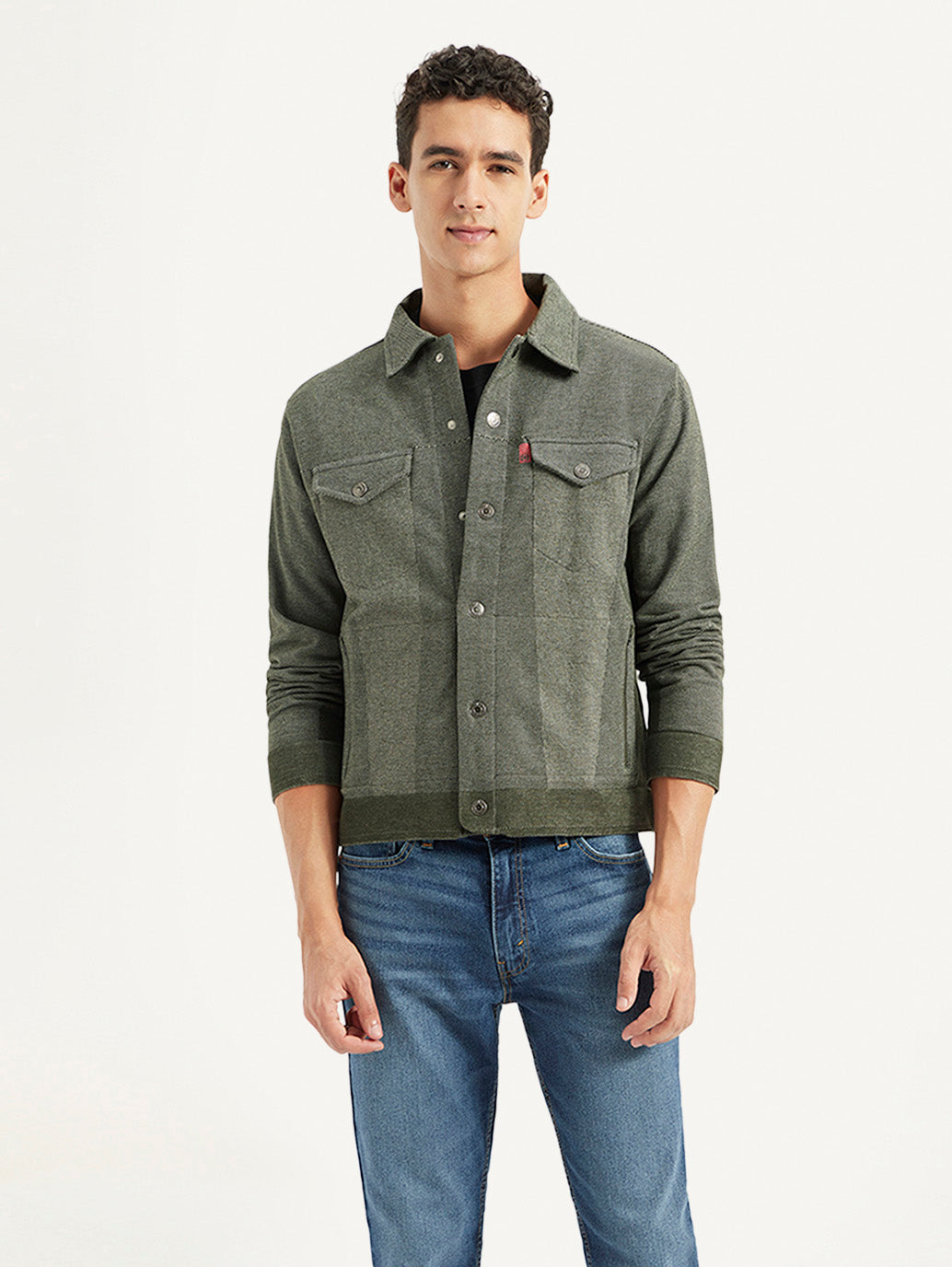 Men's Solid Olive Spread Collar Jacket - Front View