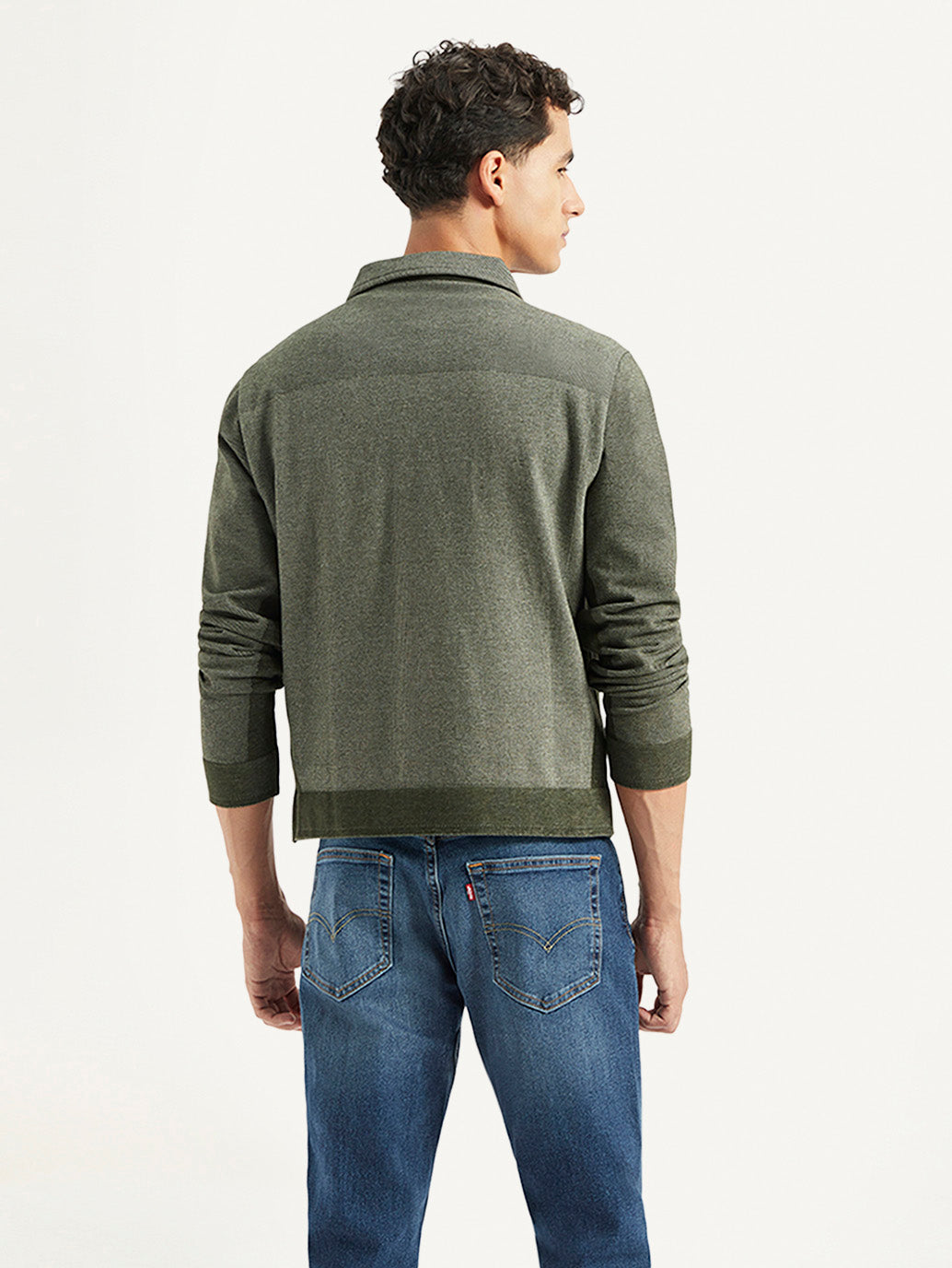 Men's Solid Olive Spread Collar Jacket - Back View