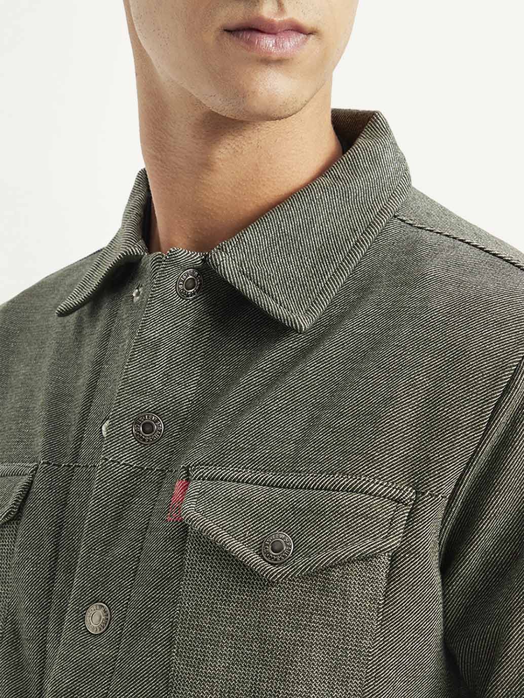 Men's Solid Olive Spread Collar Jacket - Detail View