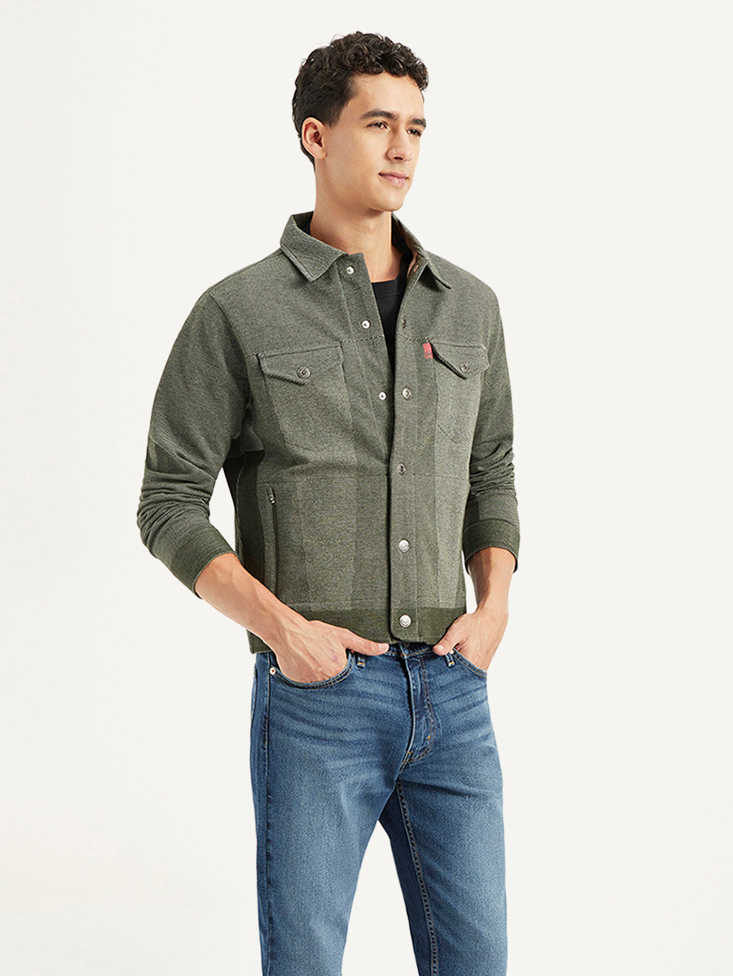 Men's Solid Olive Spread Collar Jacket - Side View