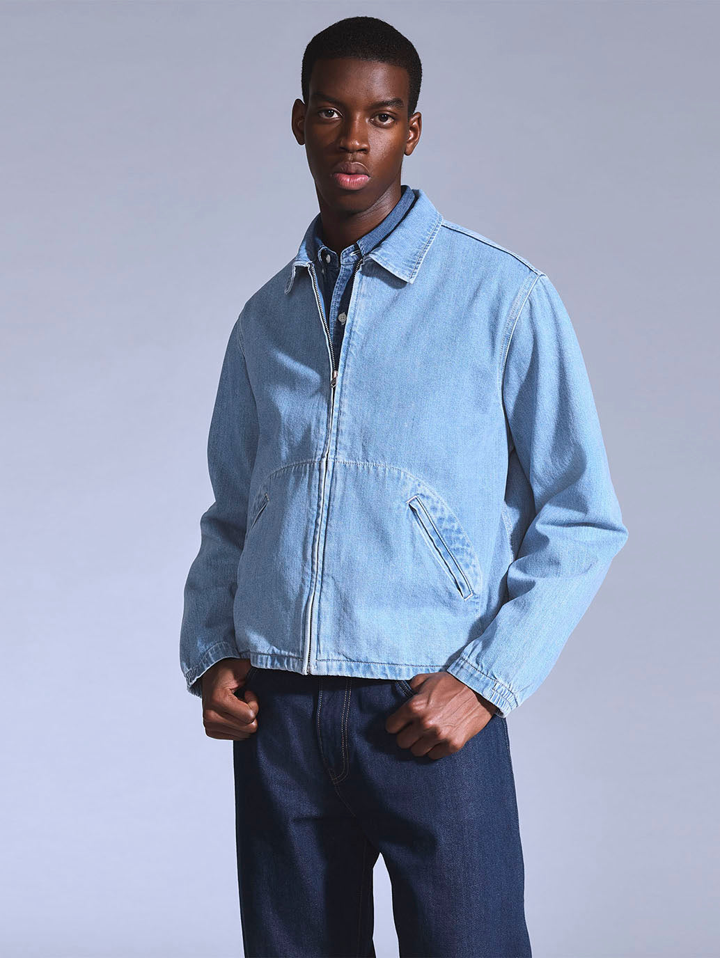 Men's Solid Light Blue Denim Jacket - Styleshot View
