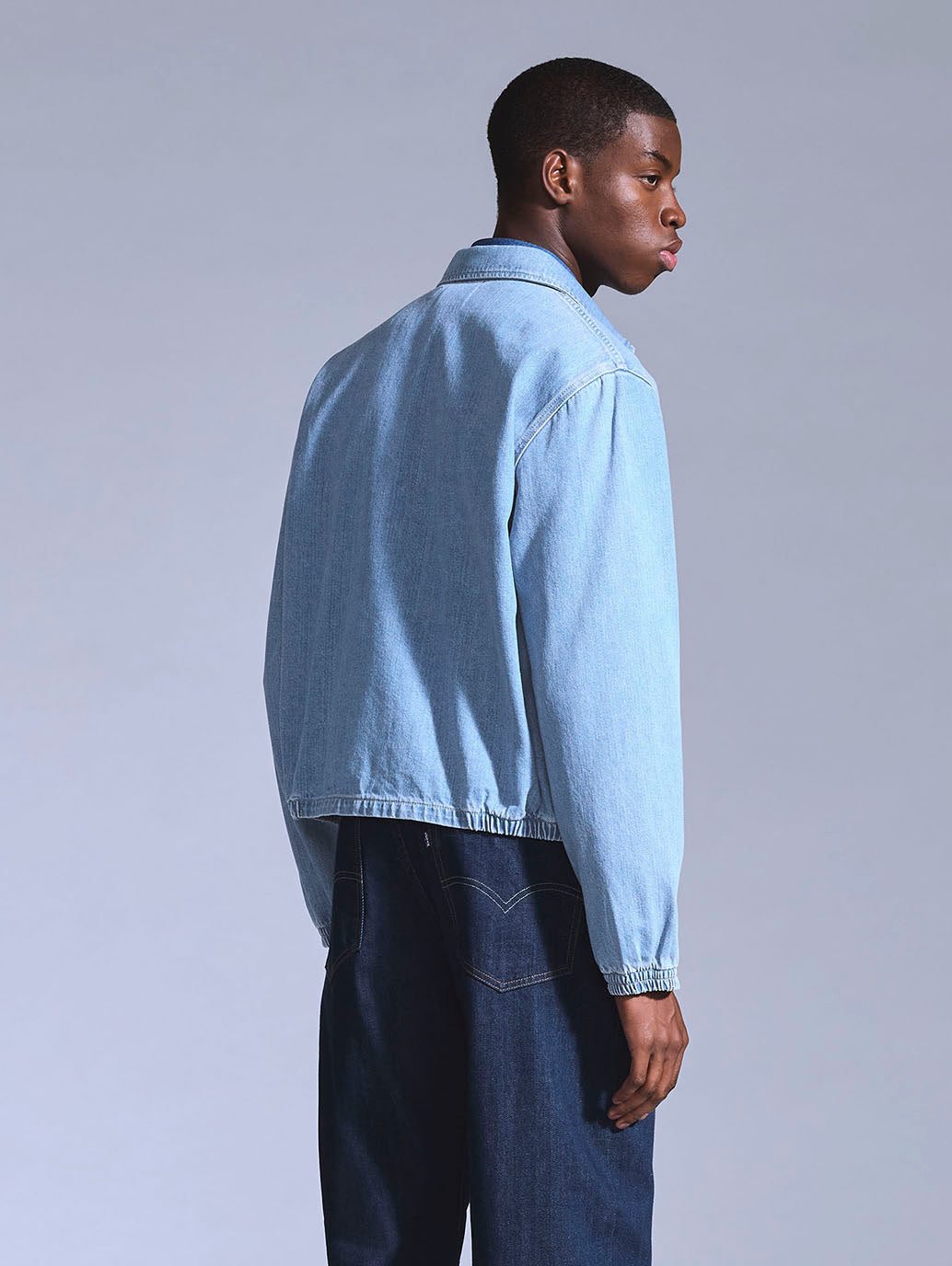 Men's Solid Light Blue Denim Jacket - Back View