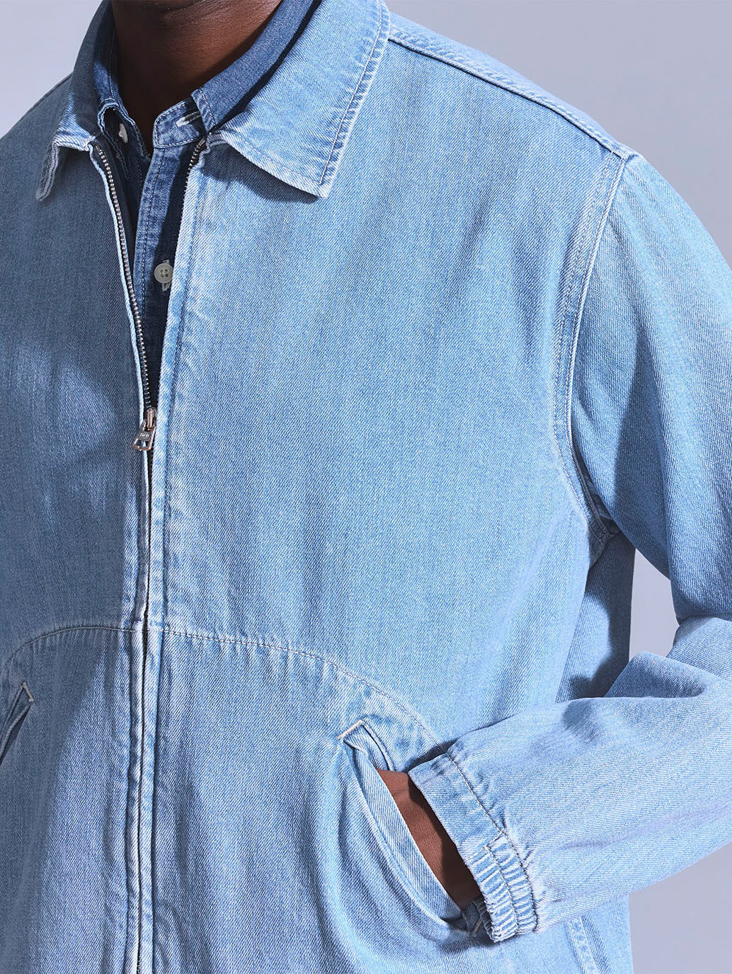 Men's Solid Light Blue Denim Jacket - Detail View