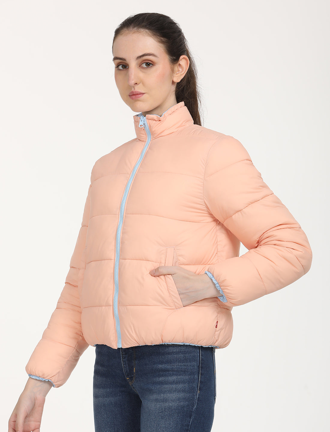 Women's Quilted Peach High Neck Reversible Puffer Jacket