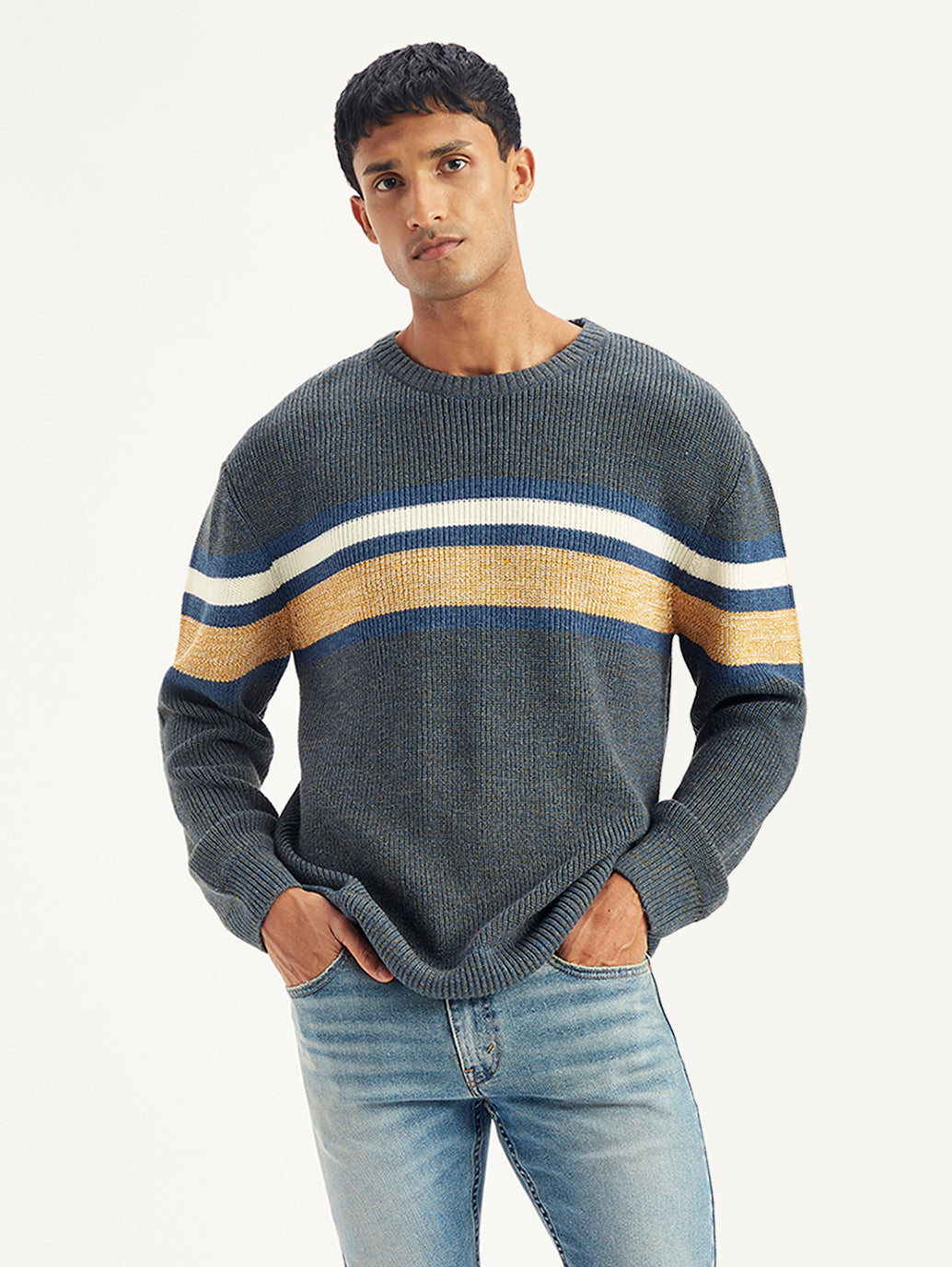 Men's Striped Grey Crew Neck Sweater