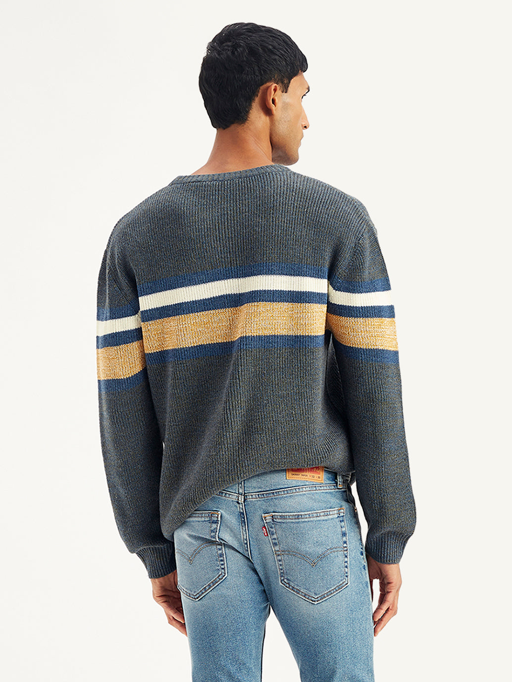 Men's Striped Grey Crew Neck Sweater