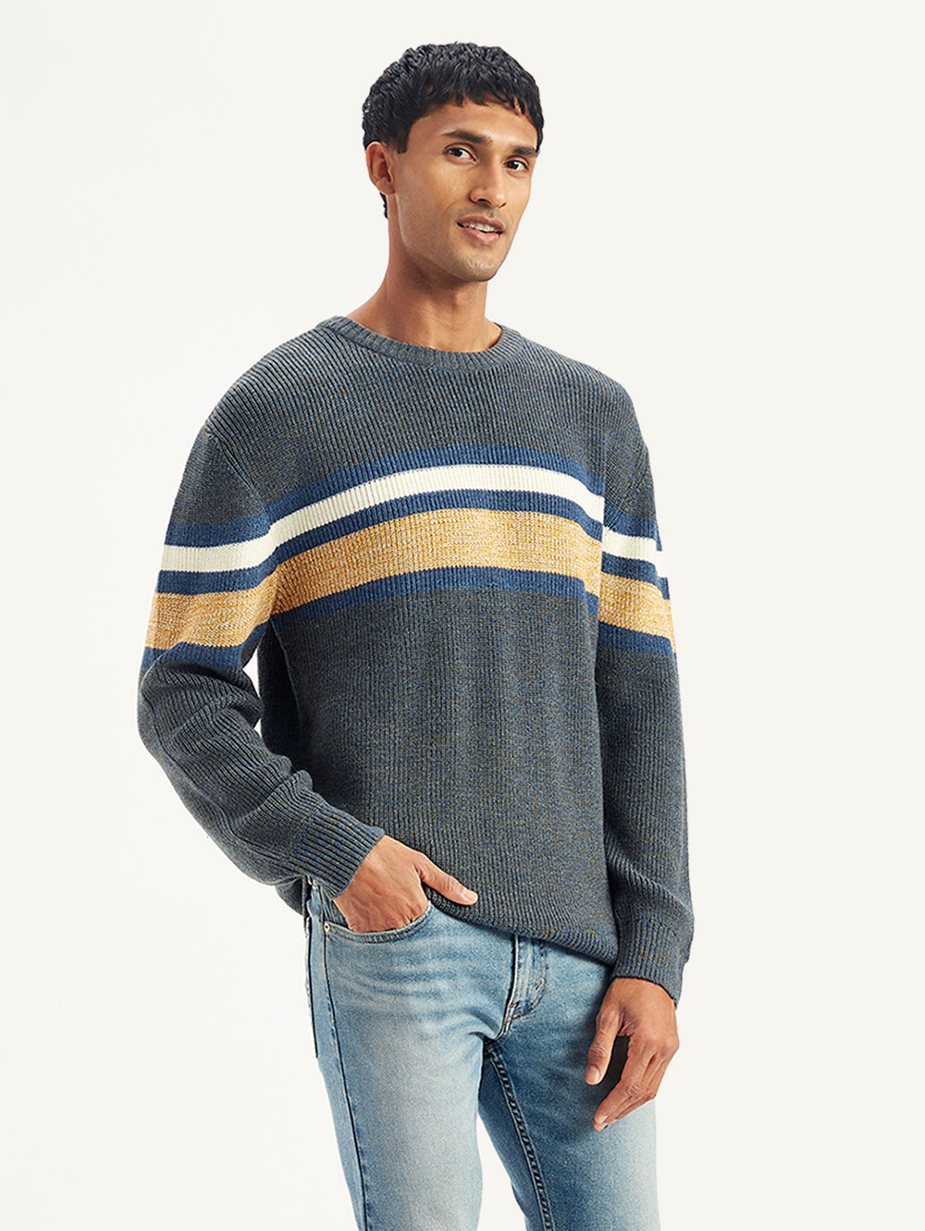 Men's Striped Grey Crew Neck Sweater