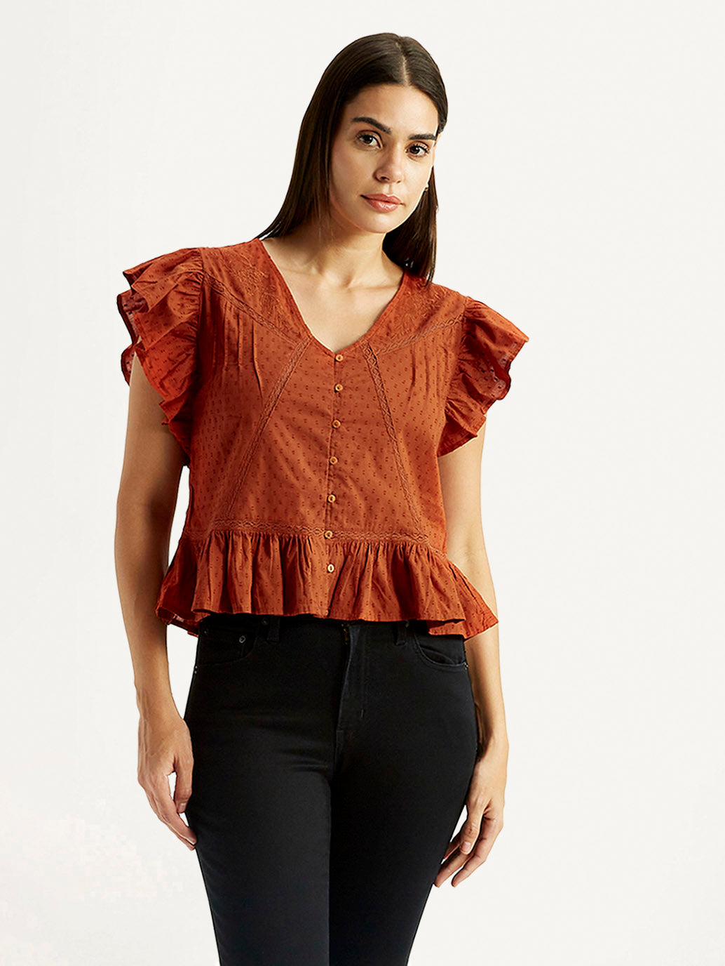 Women's Self Design Rust V-Neck Top