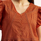 Women's Self Design Rust V-Neck Top - Detail View