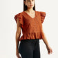 Women's Self Design Rust V-Neck Top - Side View