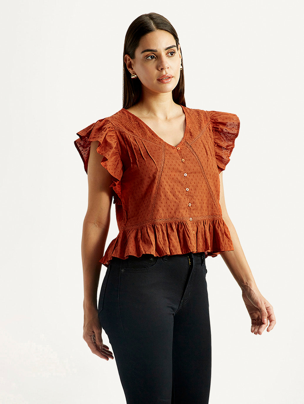 Women's Self Design Rust V-Neck Top - Side View