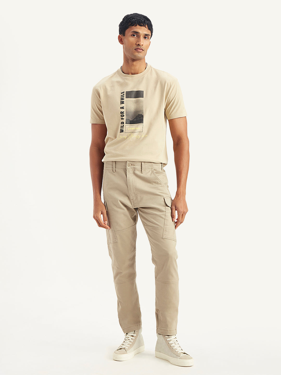 Men's Beige Slim Tapered Fit Cargo Trousers