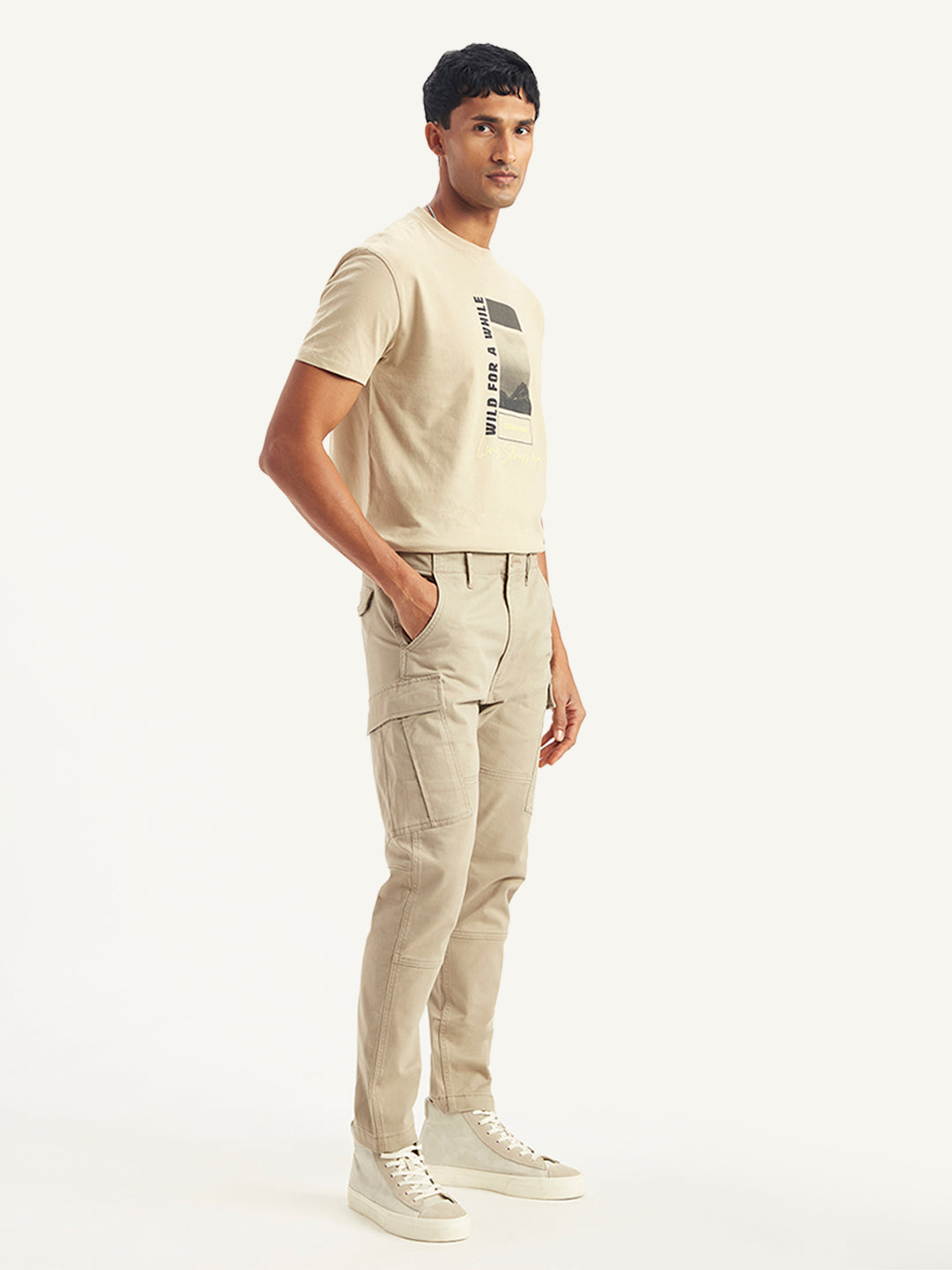 Men's Beige Slim Tapered Fit Cargo Trousers