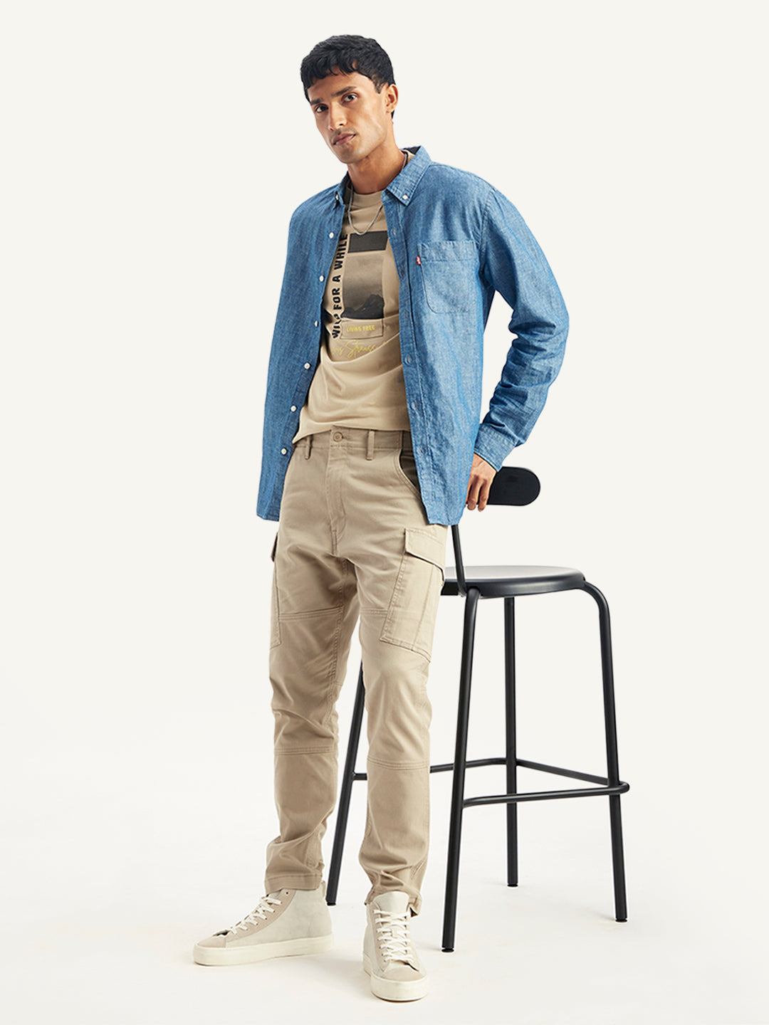 Men's Beige Slim Tapered Fit Cargo Trousers