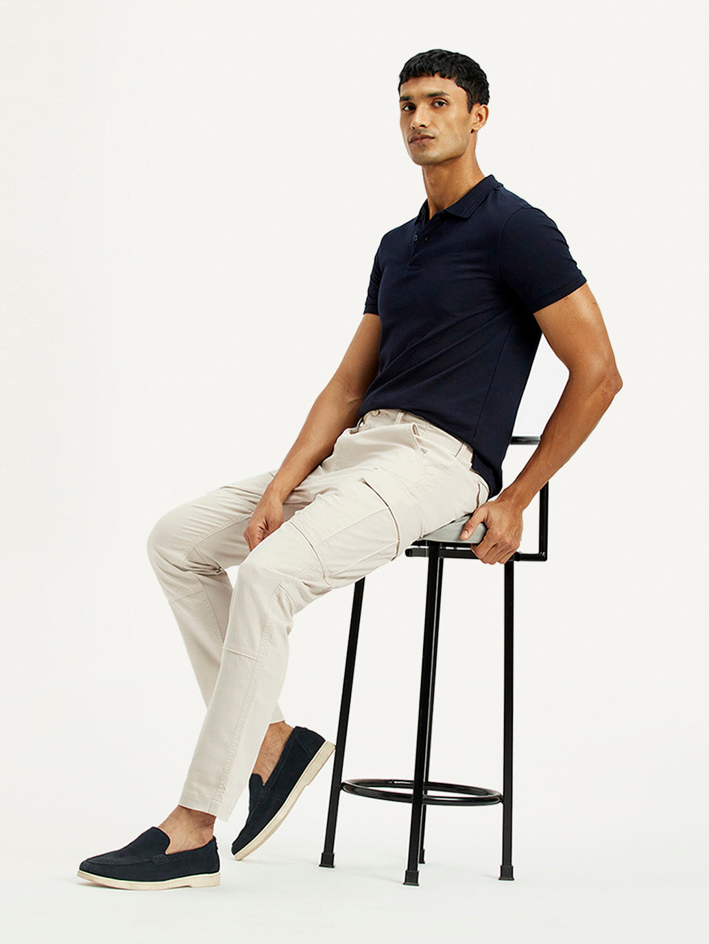 Men's Off White Slim Fit Mid Rise Cargo Trousers - Elevated View