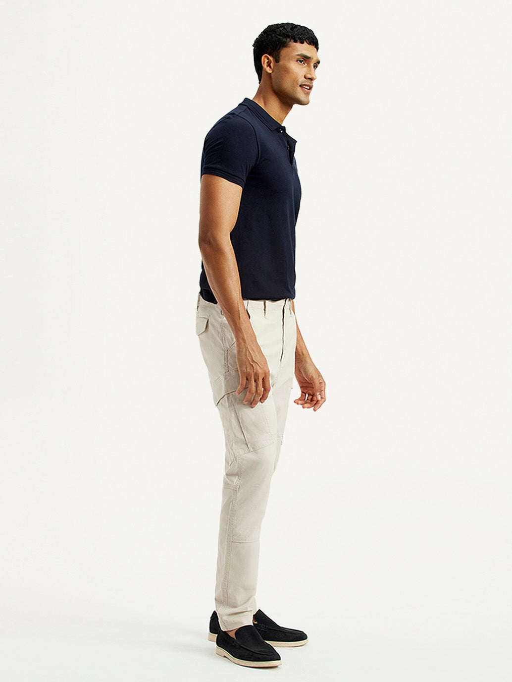 Men's Off White Slim Fit Mid Rise Cargo Trousers - Side View