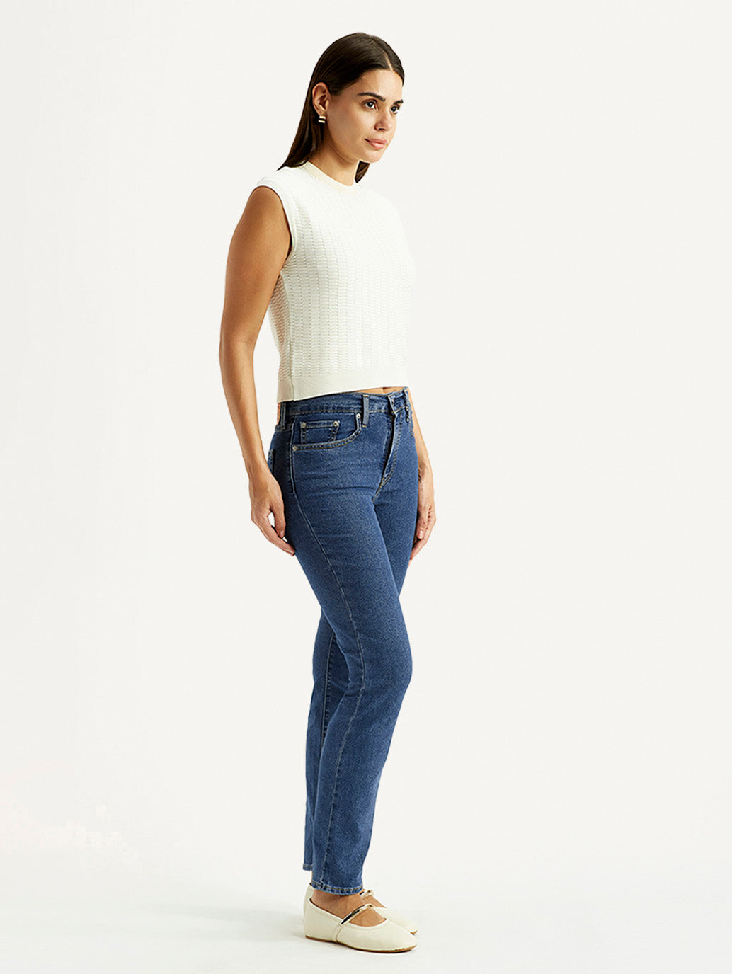 Women's 724 Blue Slim Straight Fit High Rise Jeans - Side View