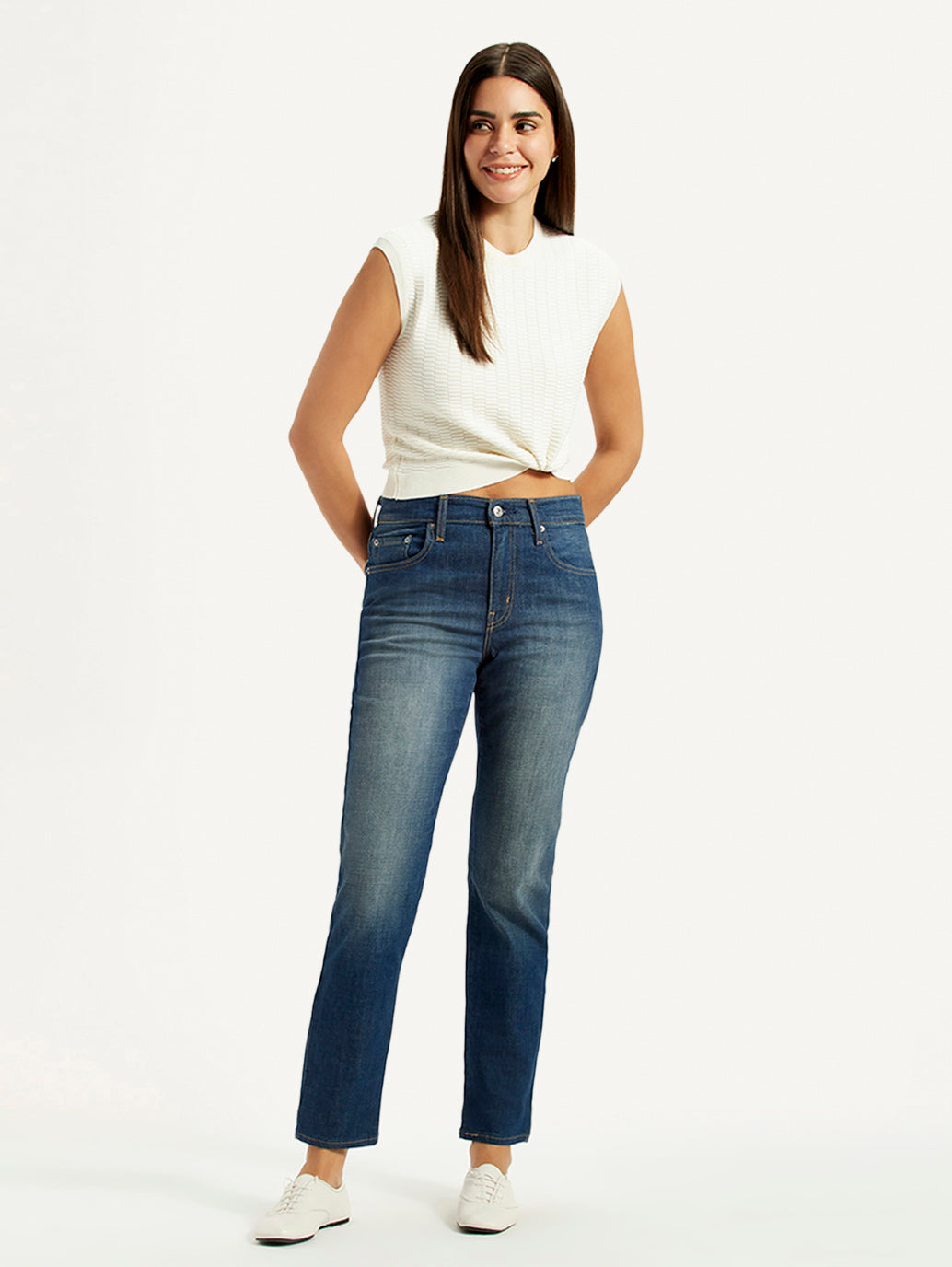 Women's 724 Blue Straight Fit High Rise Jeans - Styleshot View