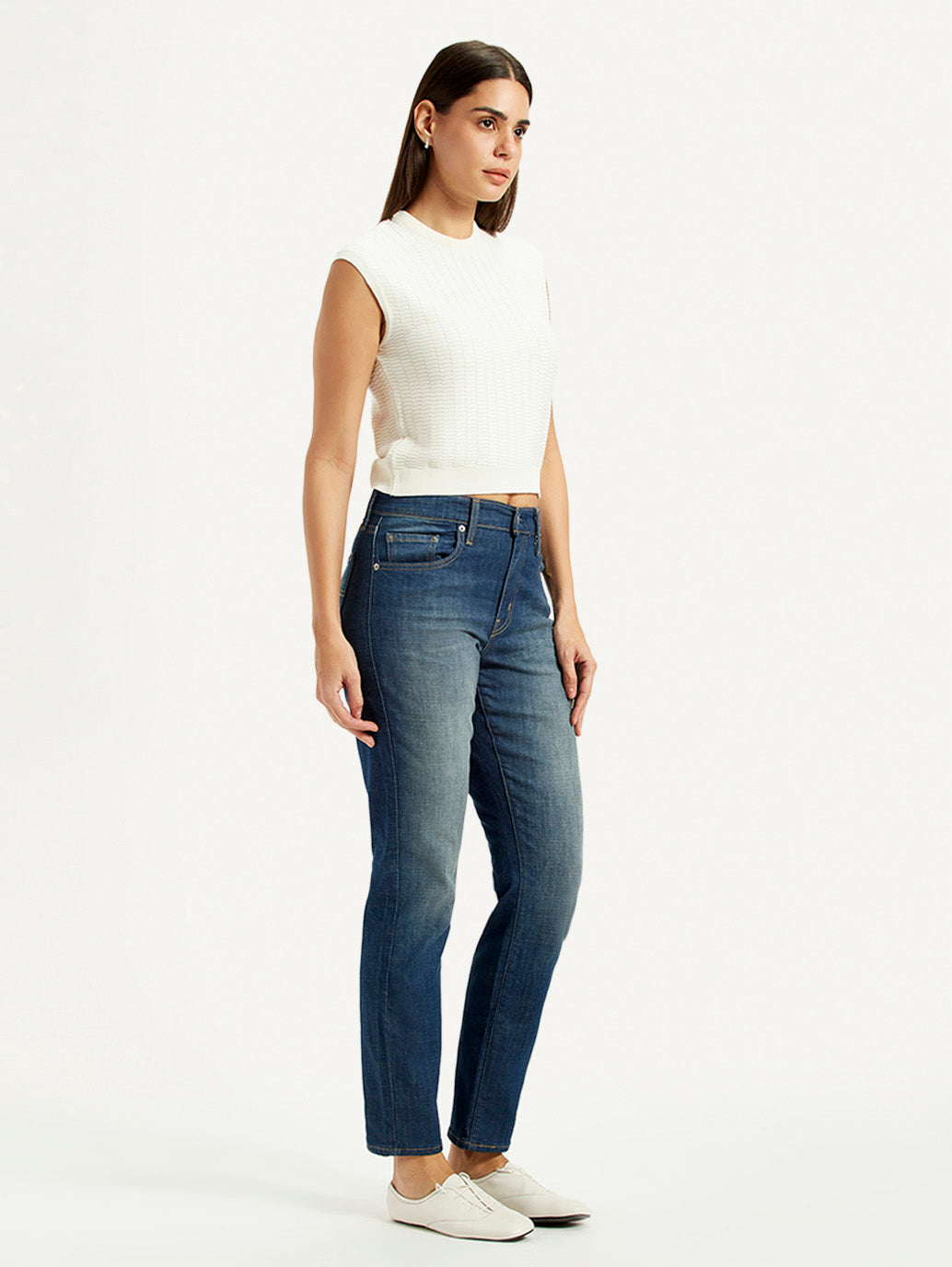 Women's 724 Blue Slim Straight Fit High Rise Jeans - Side View