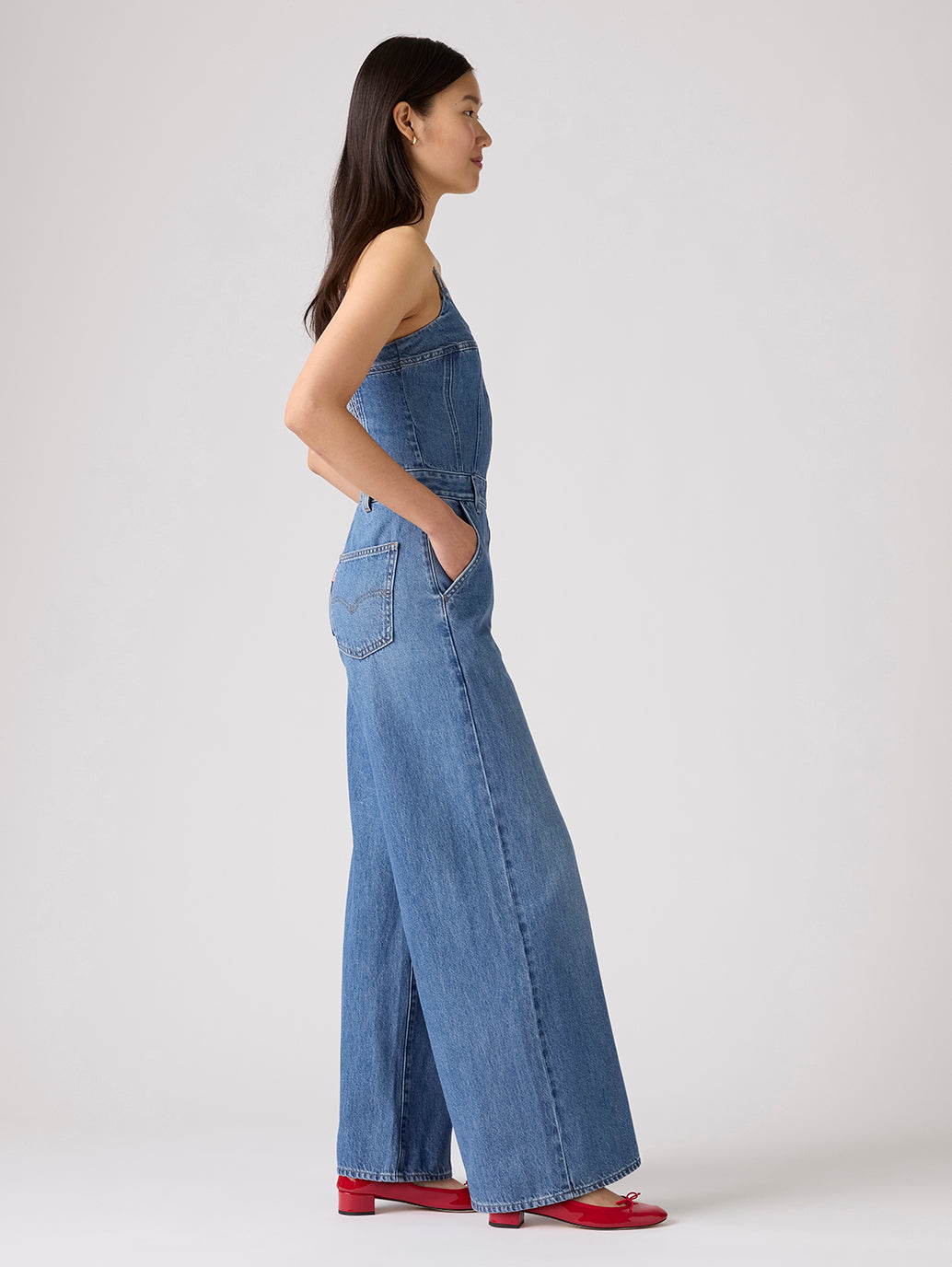 Women's Slim Fit Bustier Denim Jumpsuit - Side View