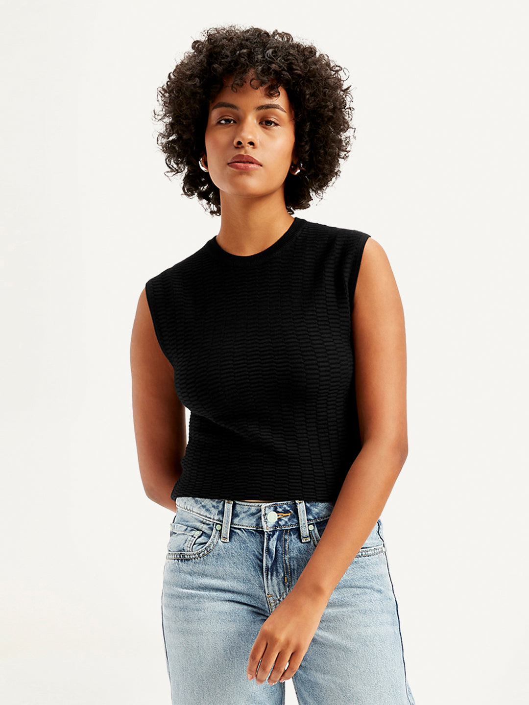 Women's Textured Black Crew Neck Top