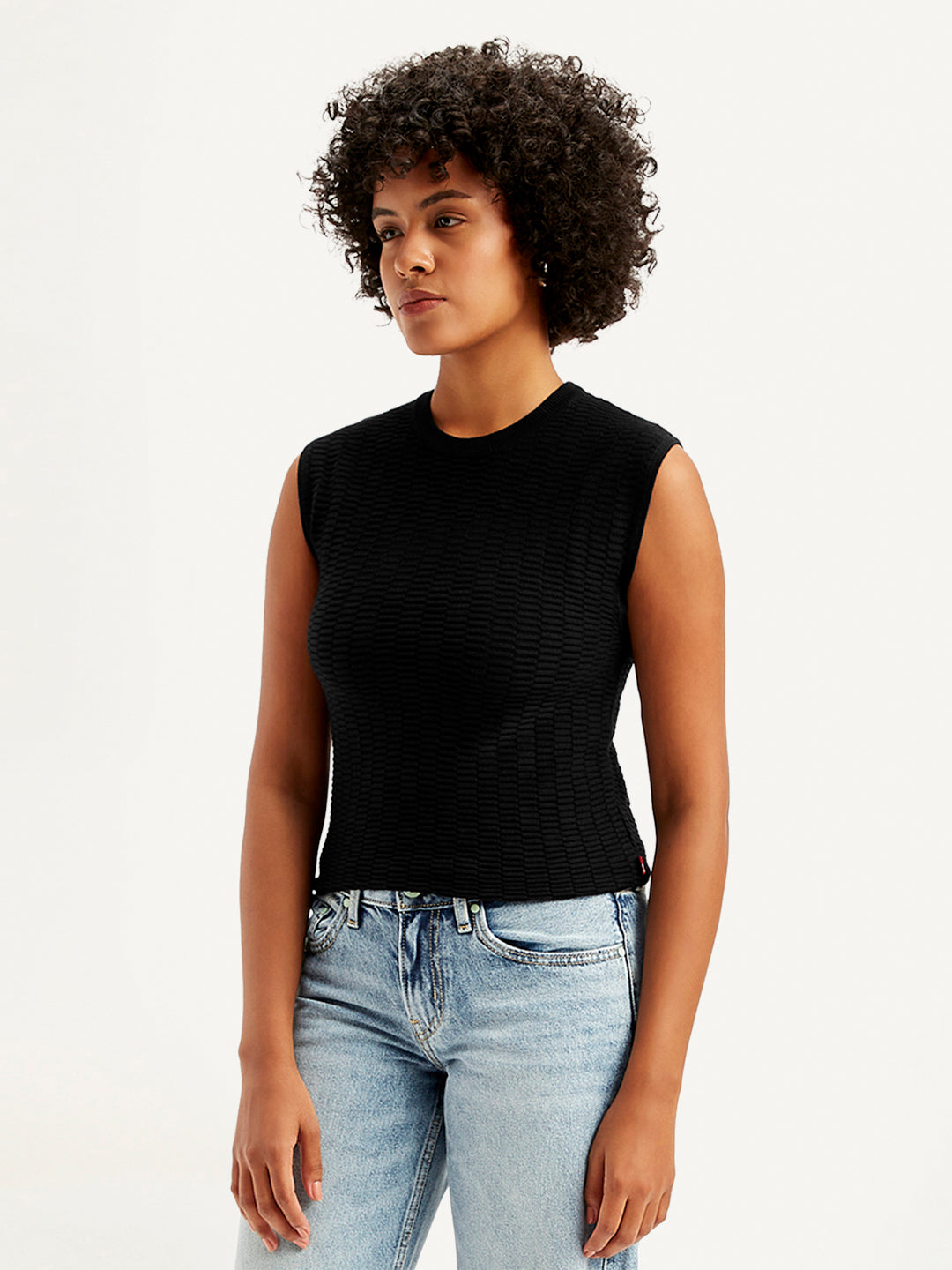 Women's Textured Black Crew Neck Top